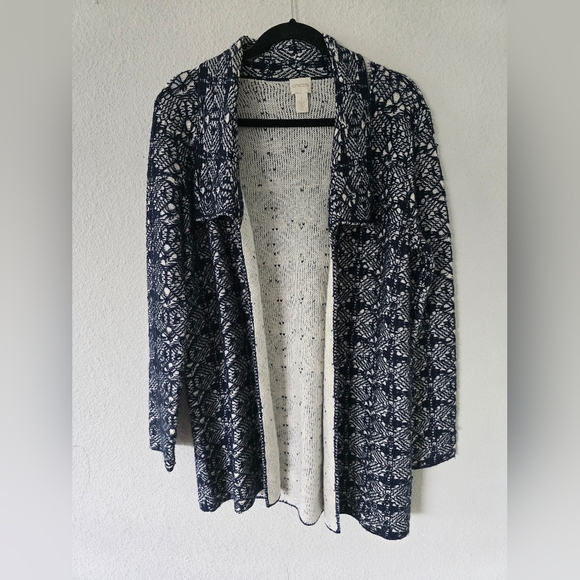 Chico's Long Cardigan Womens Sz L White Blue Sweater Collared Open Aztec - Picture 3 of 12